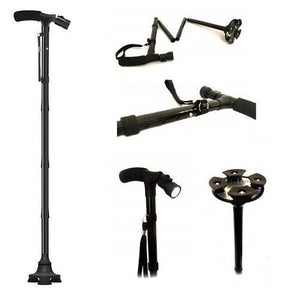 Trusty Cane – Sturdy Folding Walking Triple Head With Built In Lights – Fordable Walking Stick