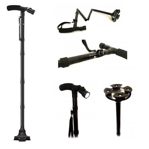 Trusty Cane – Sturdy Folding Walking Triple Head With Built In Lights – Fordable Walking Stick